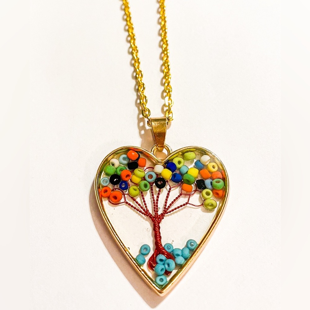 Multicolored Bead Tree Heart Pendant Necklace
